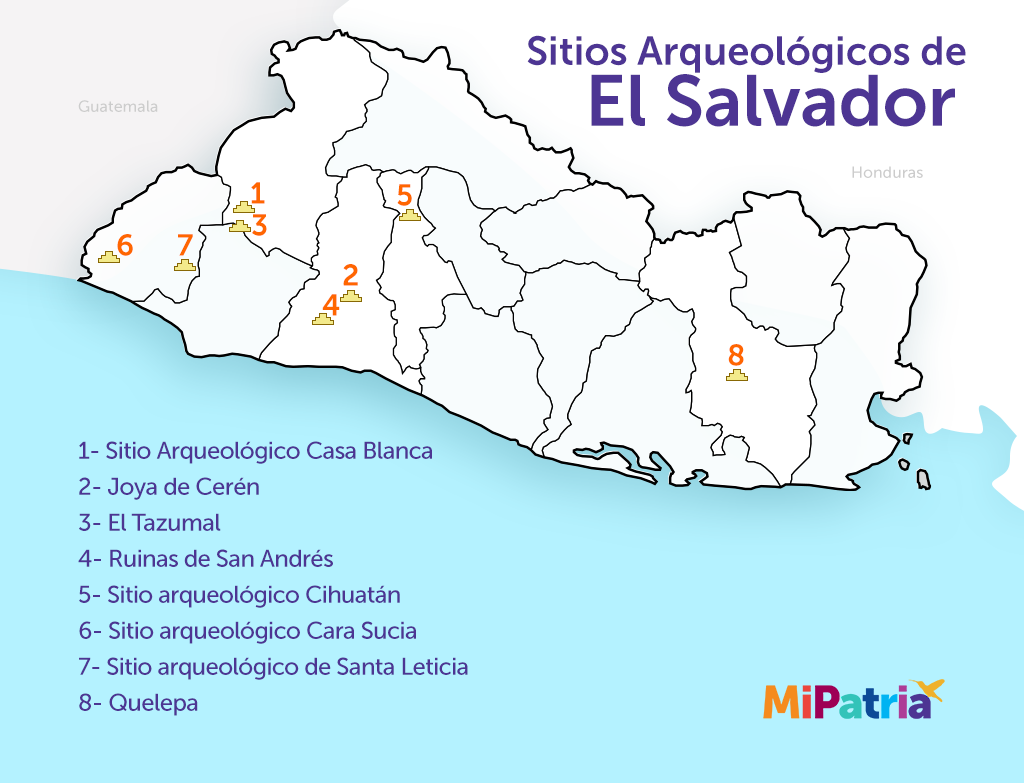 mapa de los sitios arqueologicos de el salvador, map of prehipanic sites of el salvador